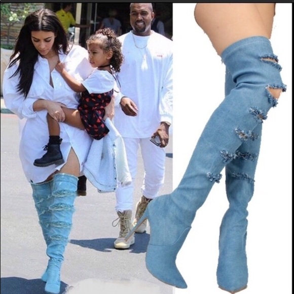 New Blue jean distressed thigh high boots - Picture 3 of 7